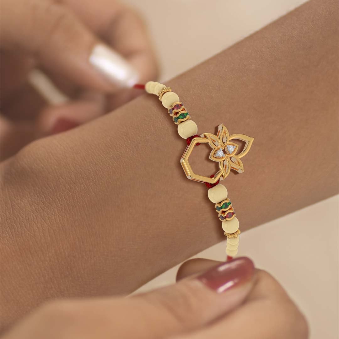 Yellow Gold Kalasha Design Diamond Rakhi