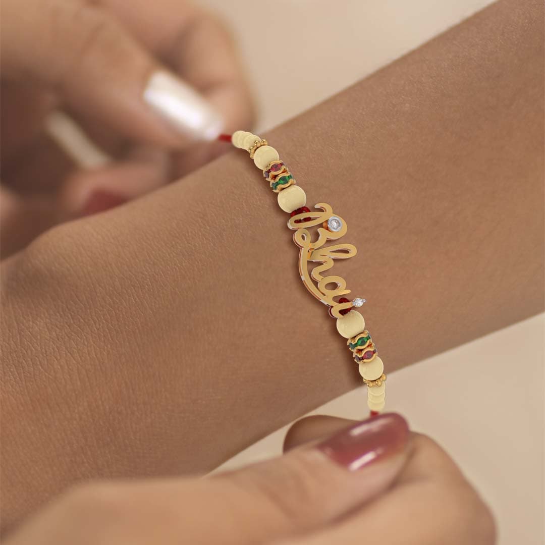 Bhai Word Yellow Gold Diamond Rakhi