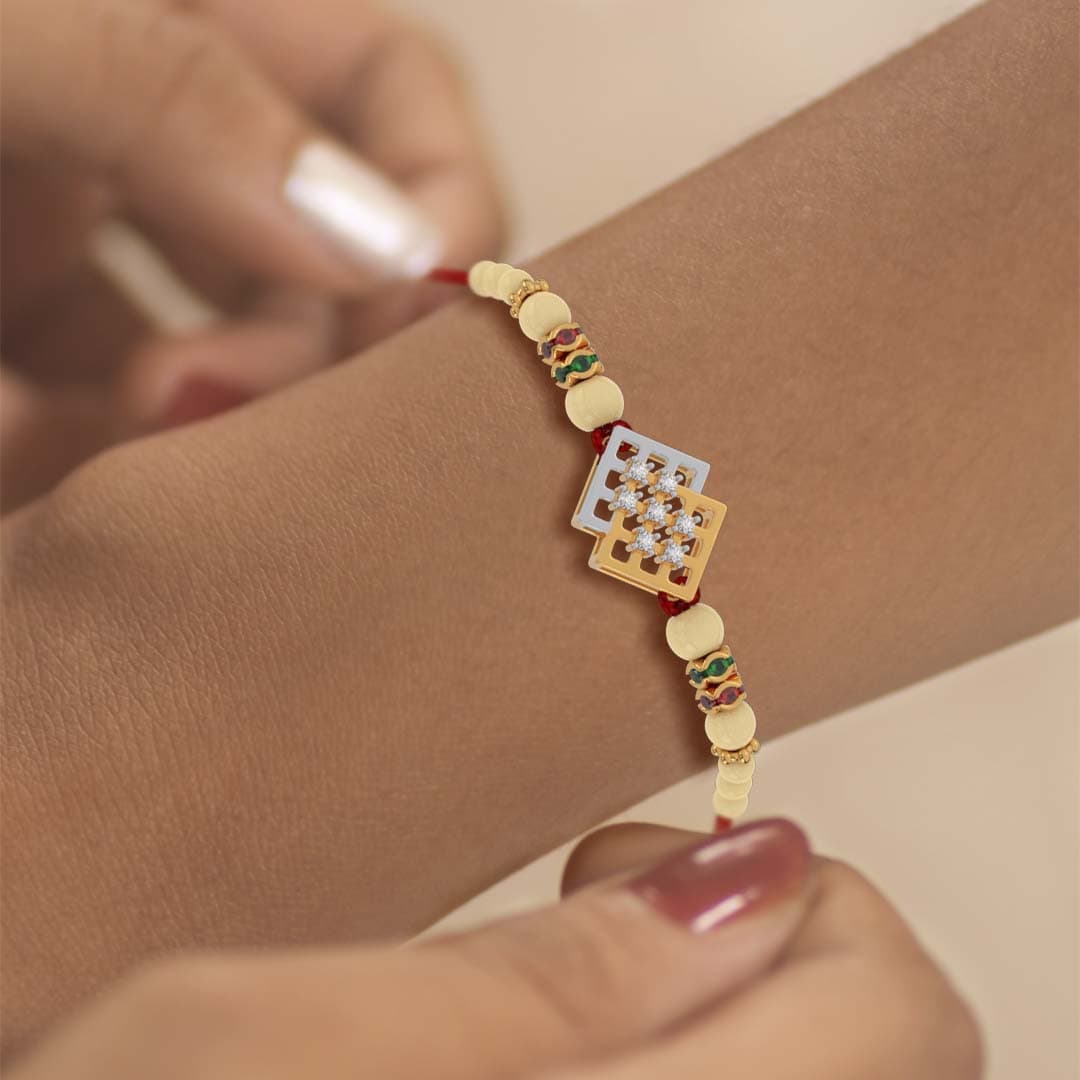 Dual Square Diamond Yellow Gold Rakhi